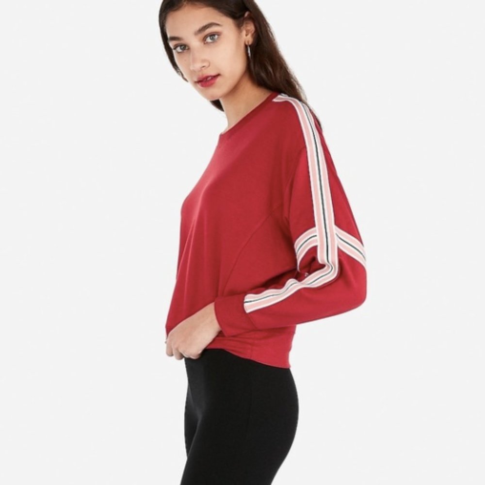 Express Small Cropped Red Striped Sleeve Varsity Sweater